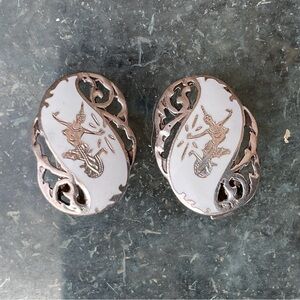 VTG MINT Sterling Silver Niello Dancer Enamel Clip Earrings Siam White